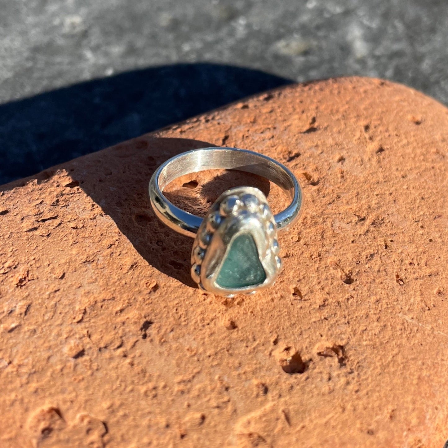 Teal Blue Beaded Sea Glass Ring - Size 6