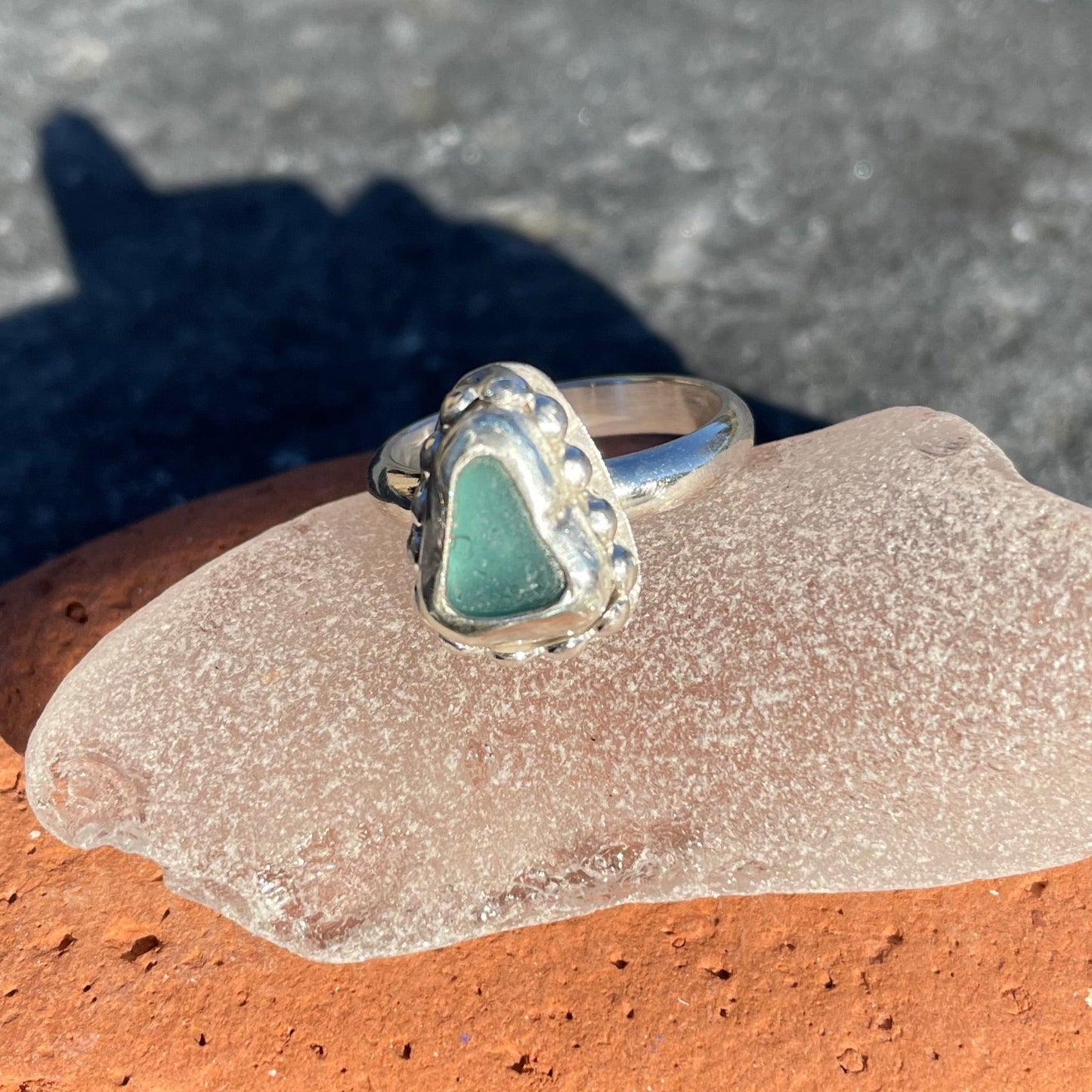 Teal Blue Beaded Sea Glass Ring - Size 6