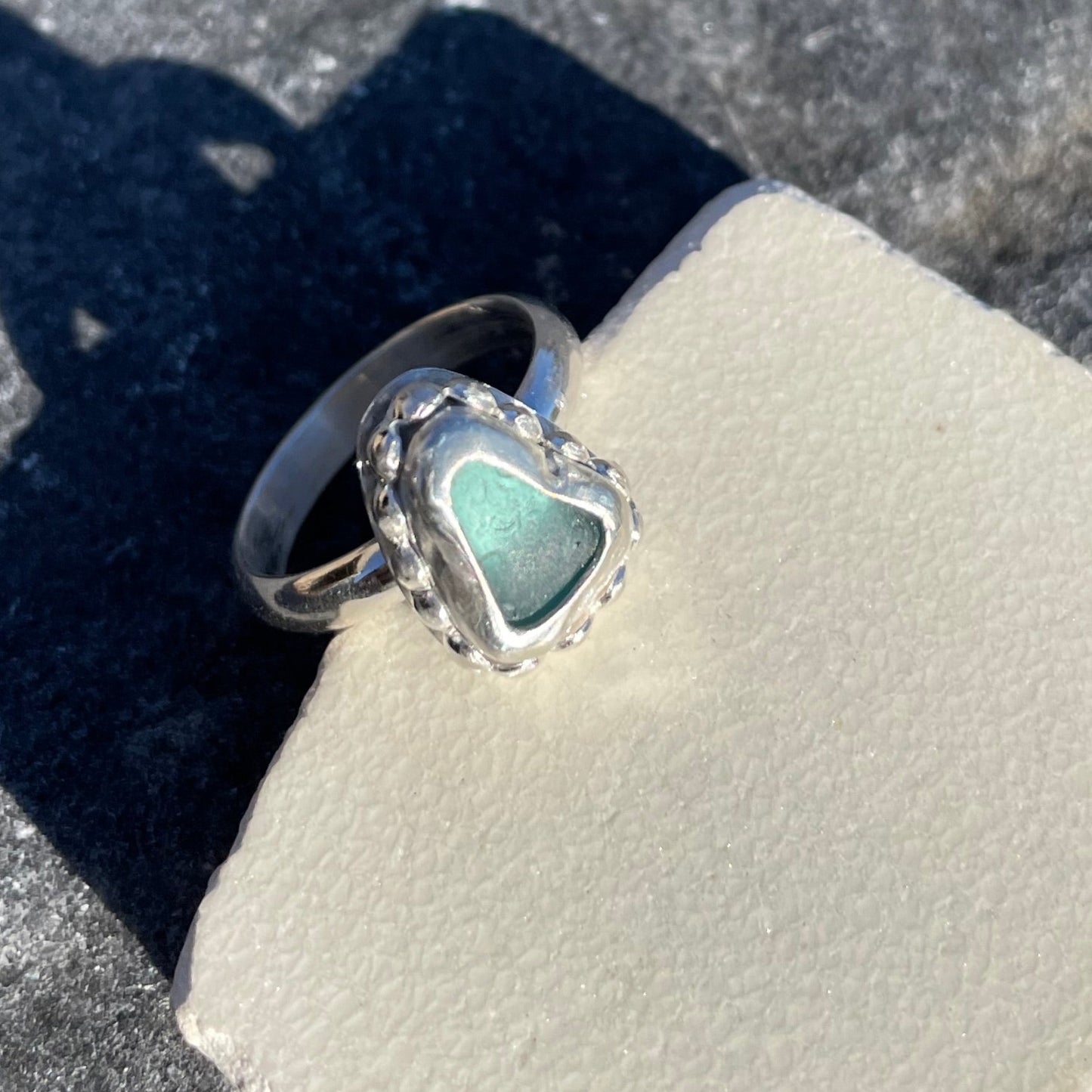 Teal Blue Beaded Sea Glass Ring - Size 6