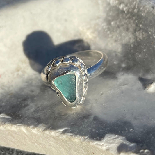 Teal Blue Beaded Sea Glass Ring - Size 6