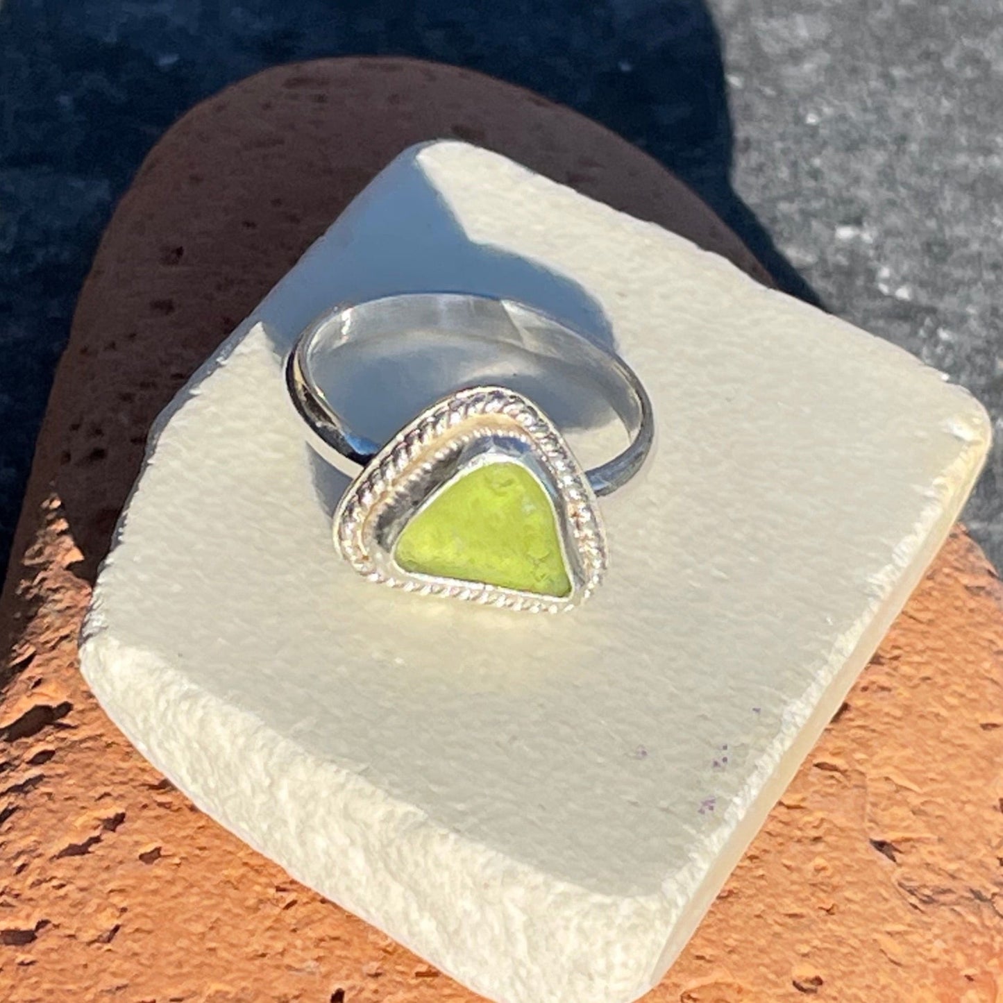 Lime Green Twisted Sea Glass Ring - Size 7