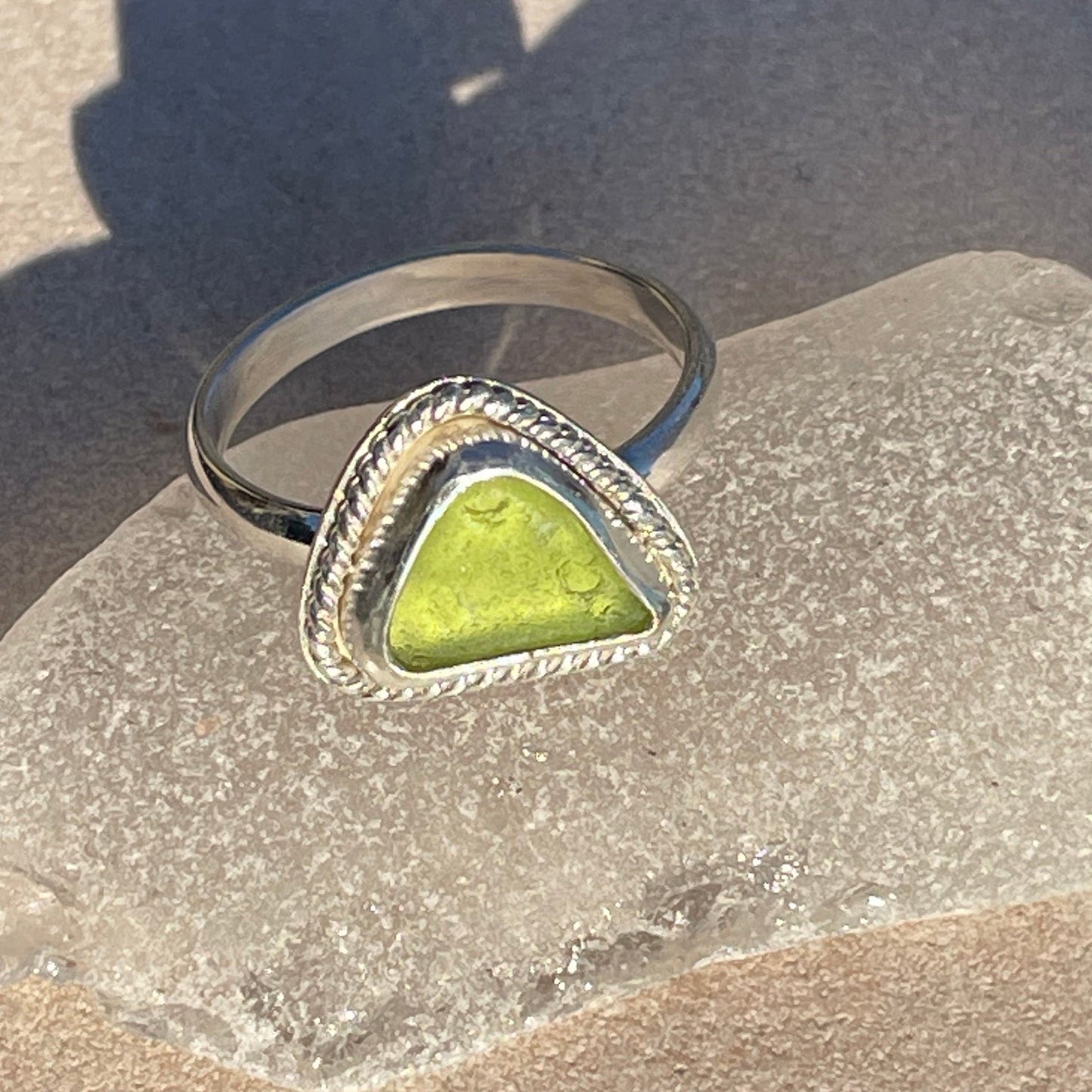 Lime Green Twisted Sea Glass Ring - Size 7