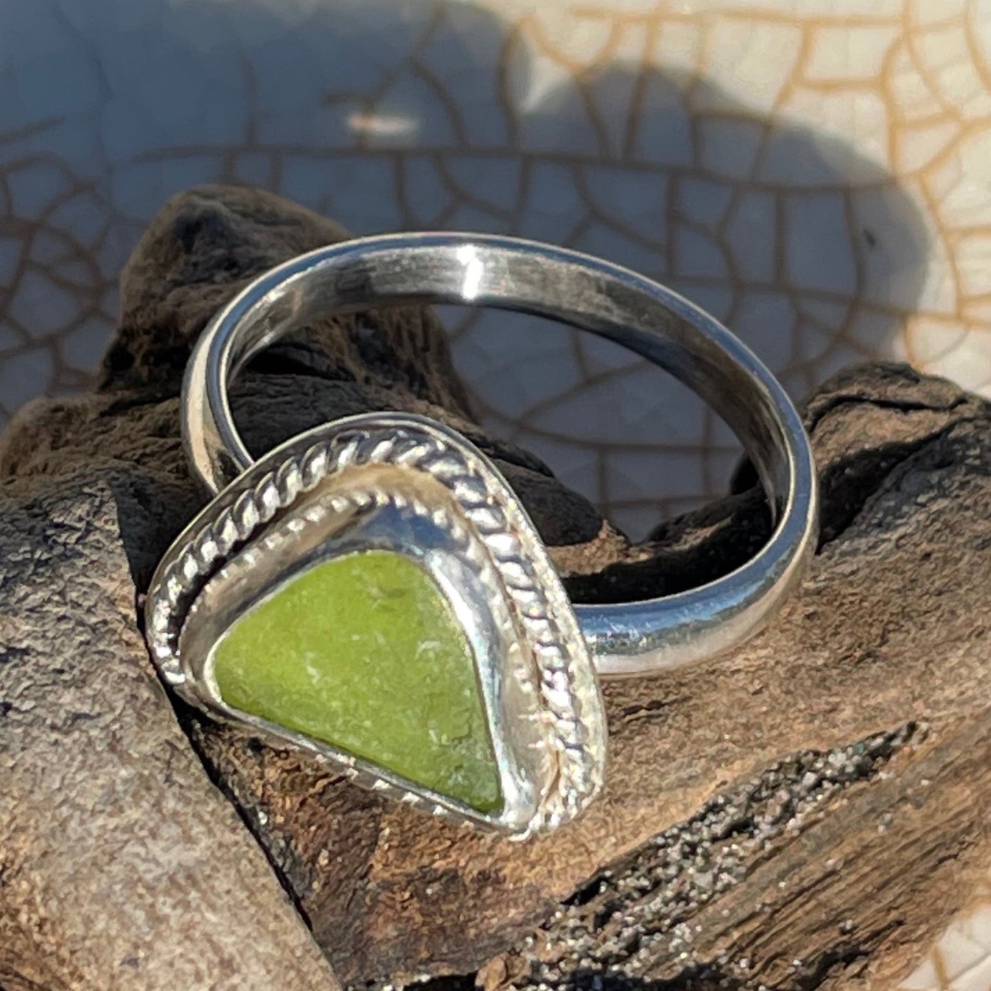 Lime Green Twisted Sea Glass Ring - Size 7