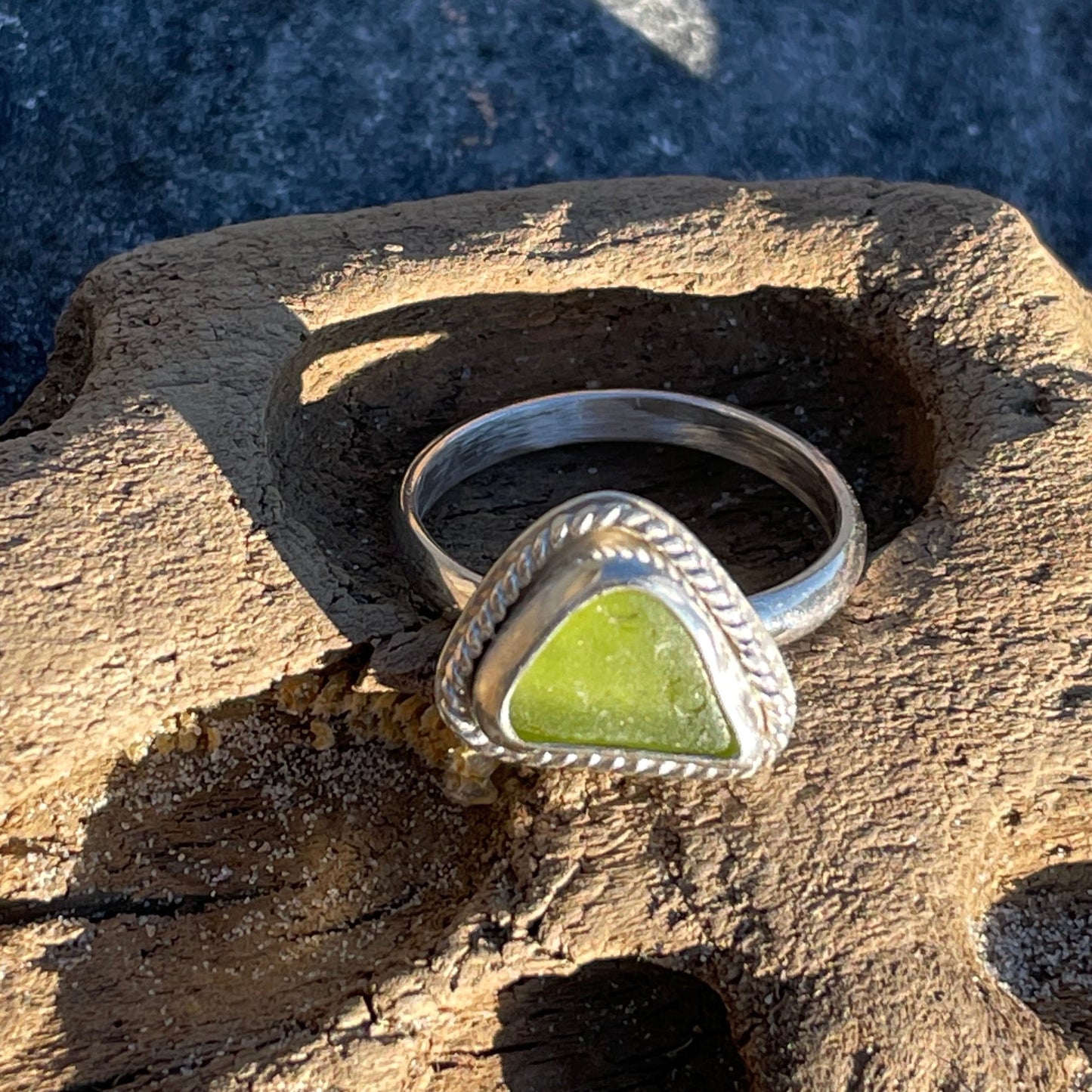 Lime Green Twisted Sea Glass Ring - Size 7