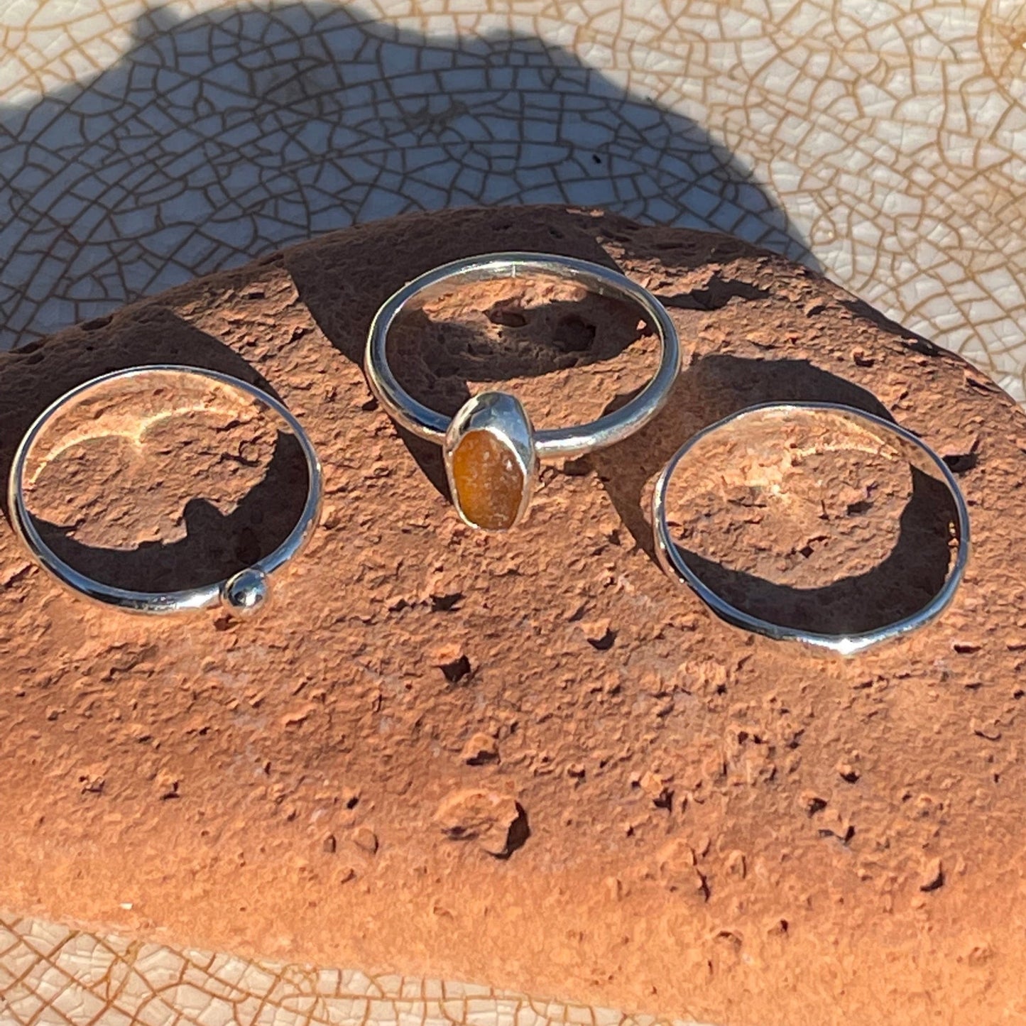 Oval Amber Sea Glass Stacker Ring - Size 8