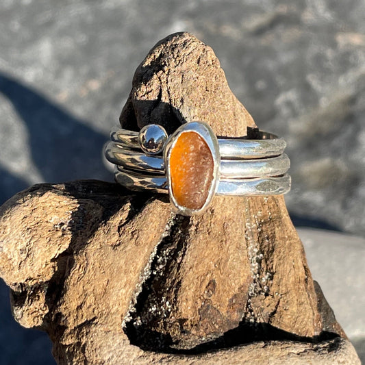 Oval Amber Sea Glass Stacker Ring - Size 8