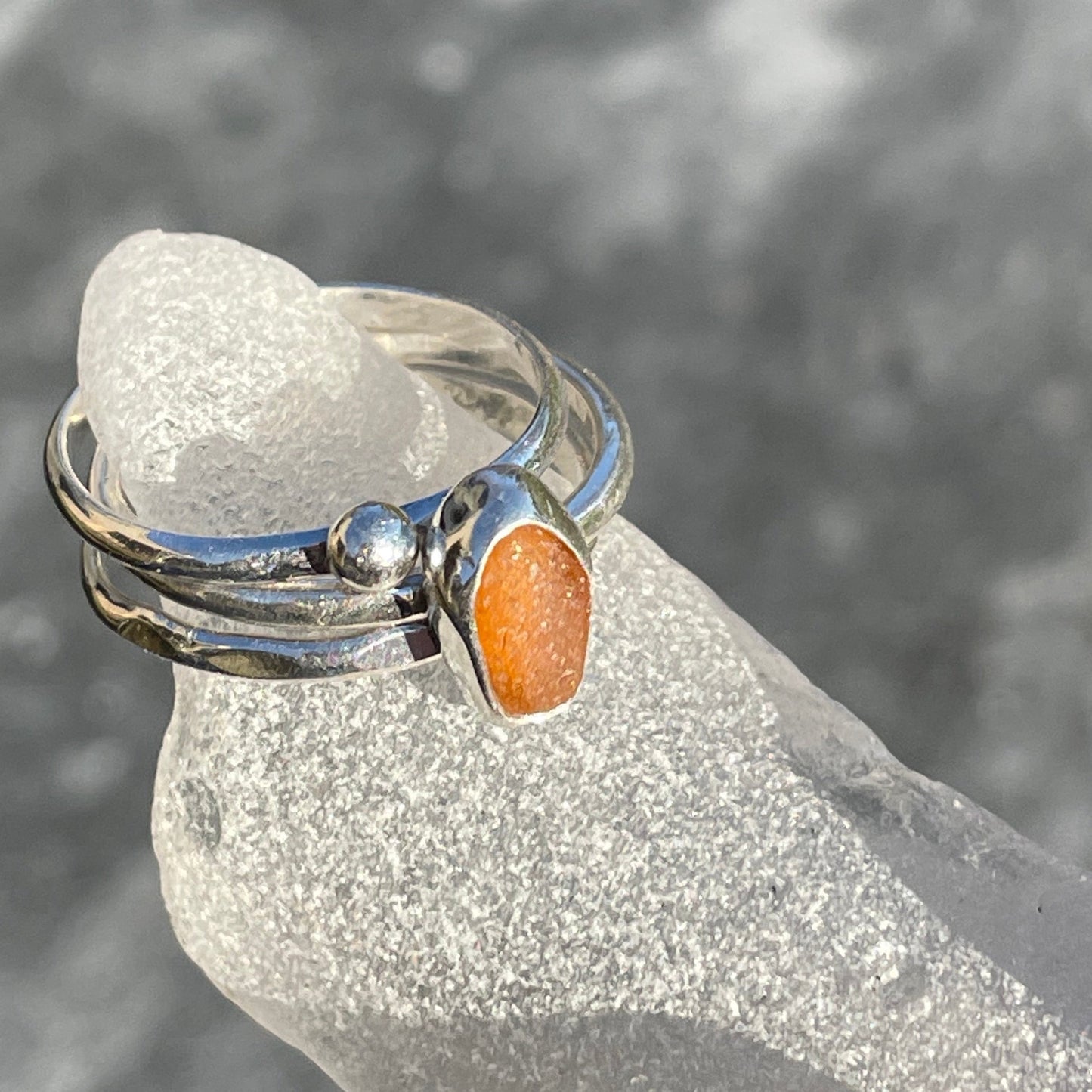 Oval Amber Sea Glass Stacker Ring - Size 8