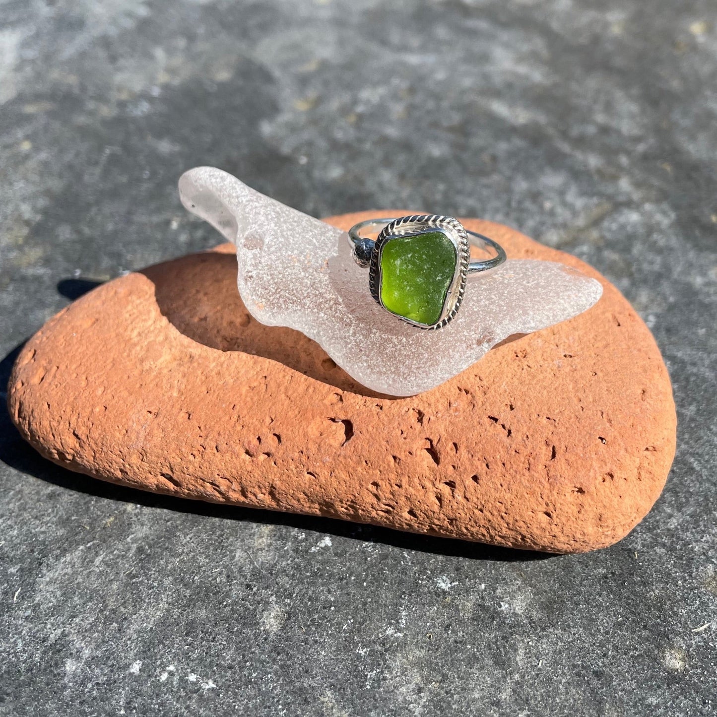 Lime Green Sea Glass Ring - Size 8.75