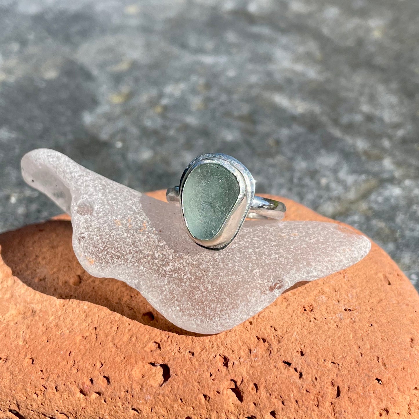 Frosty Sea Foam  Blue Sea Glass Ring - Size 6.75