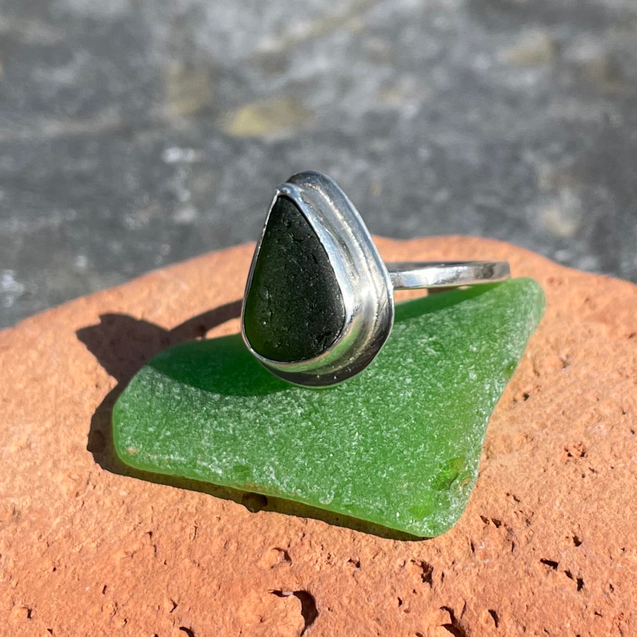 Deep Green Sea Glass Ring - Size 8.75