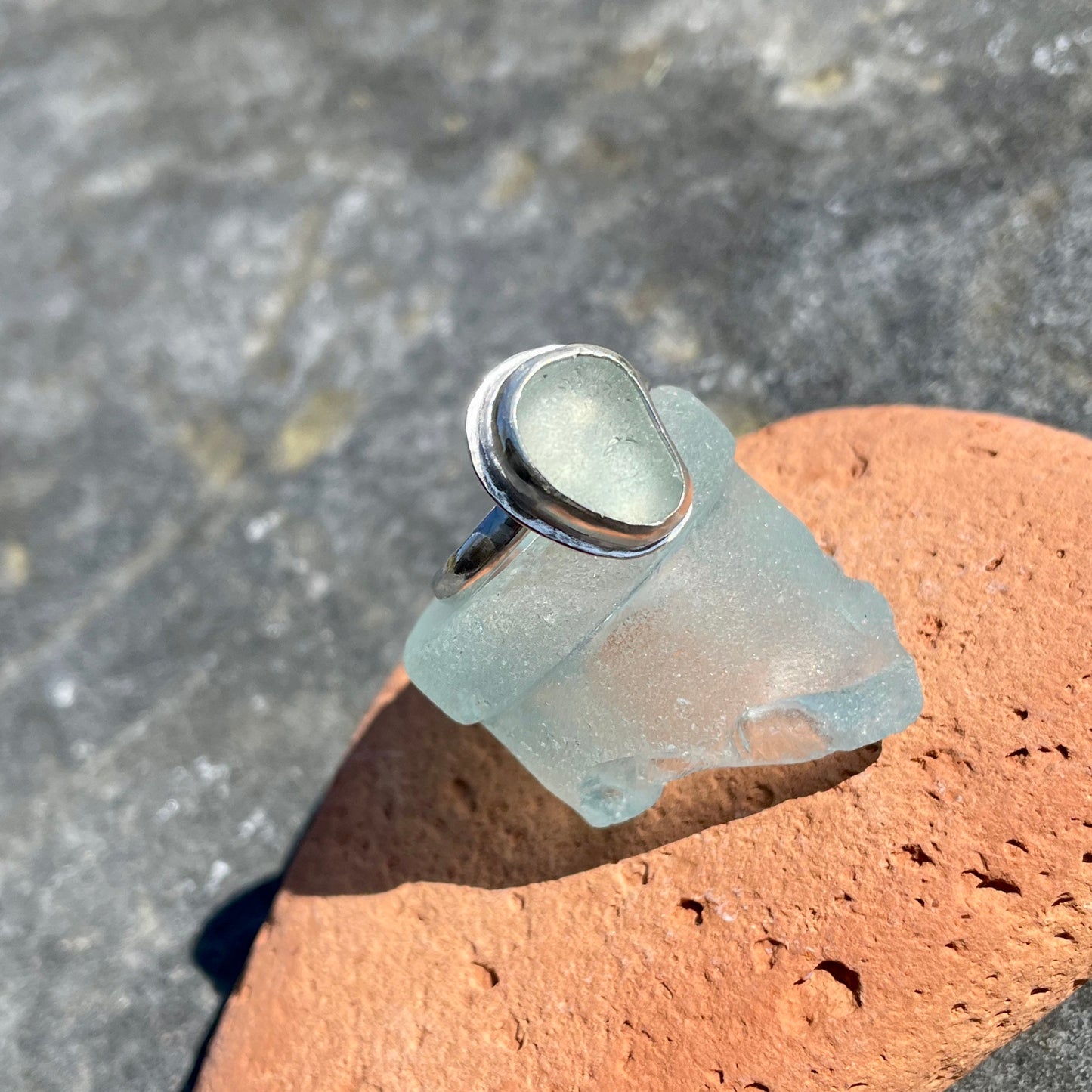 Frosty Sea Foam  Blue Sea Glass Ring - Size 6.75