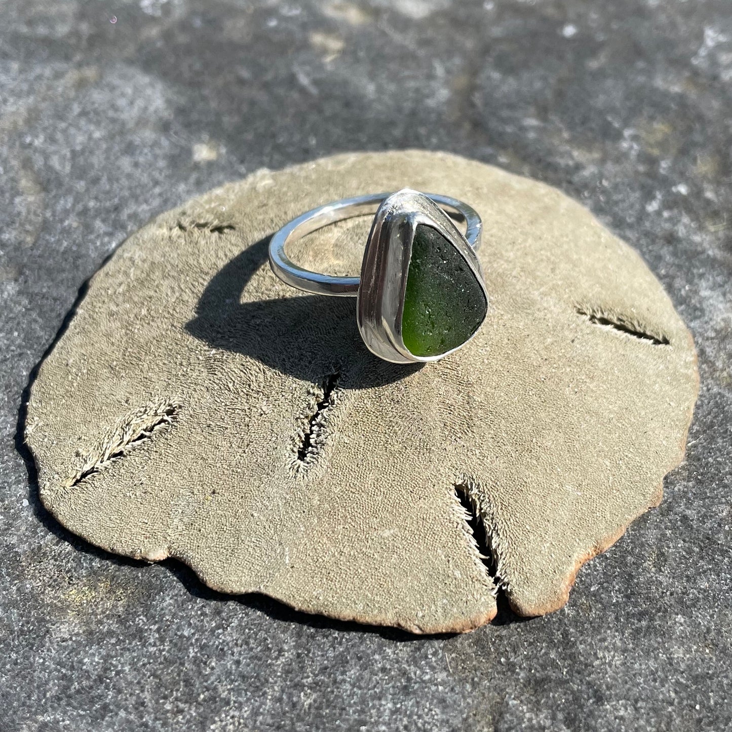 Deep Green Sea Glass Ring - Size 8.75