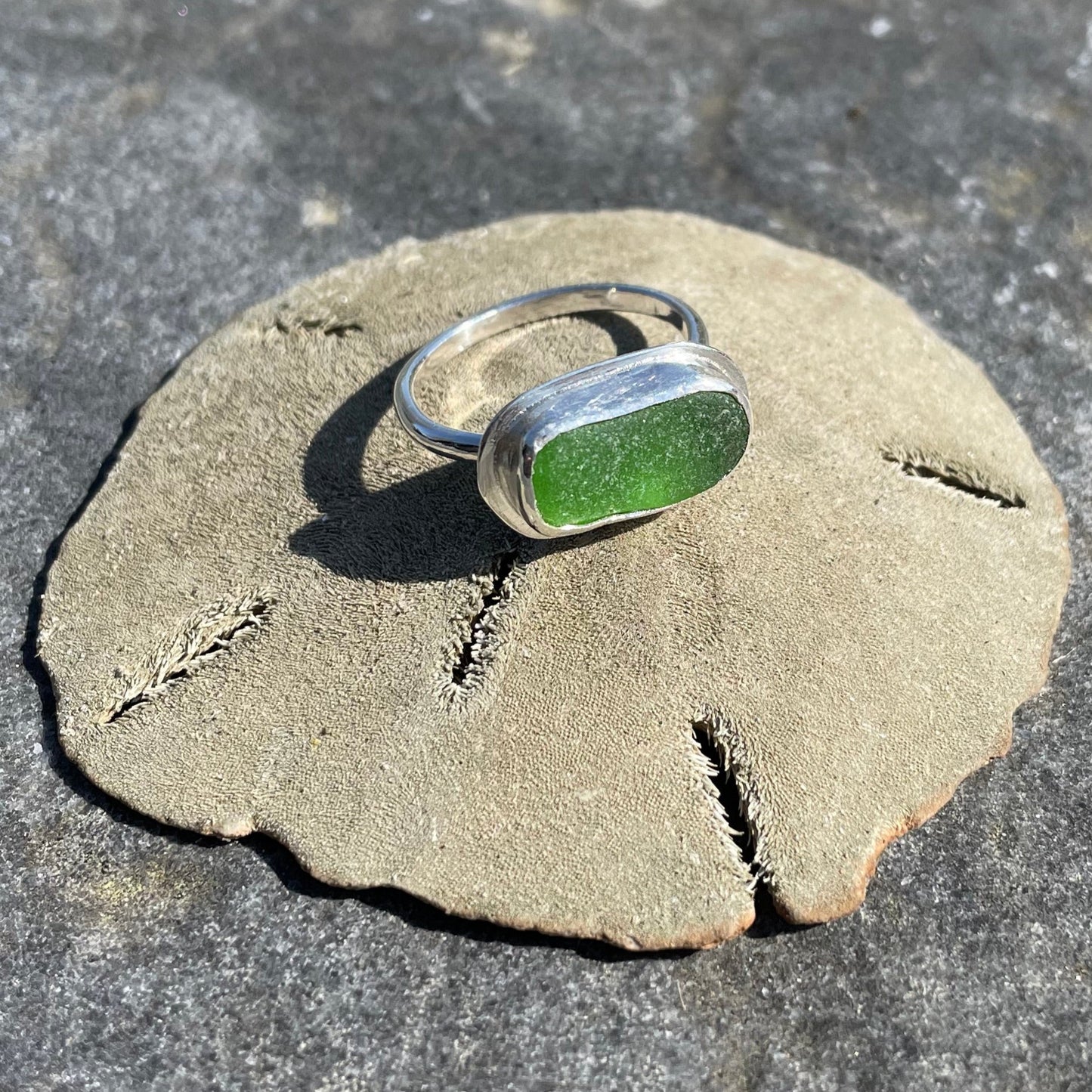 Emerald Green Oval Sea Glass Ring - Size 8.25-8.5