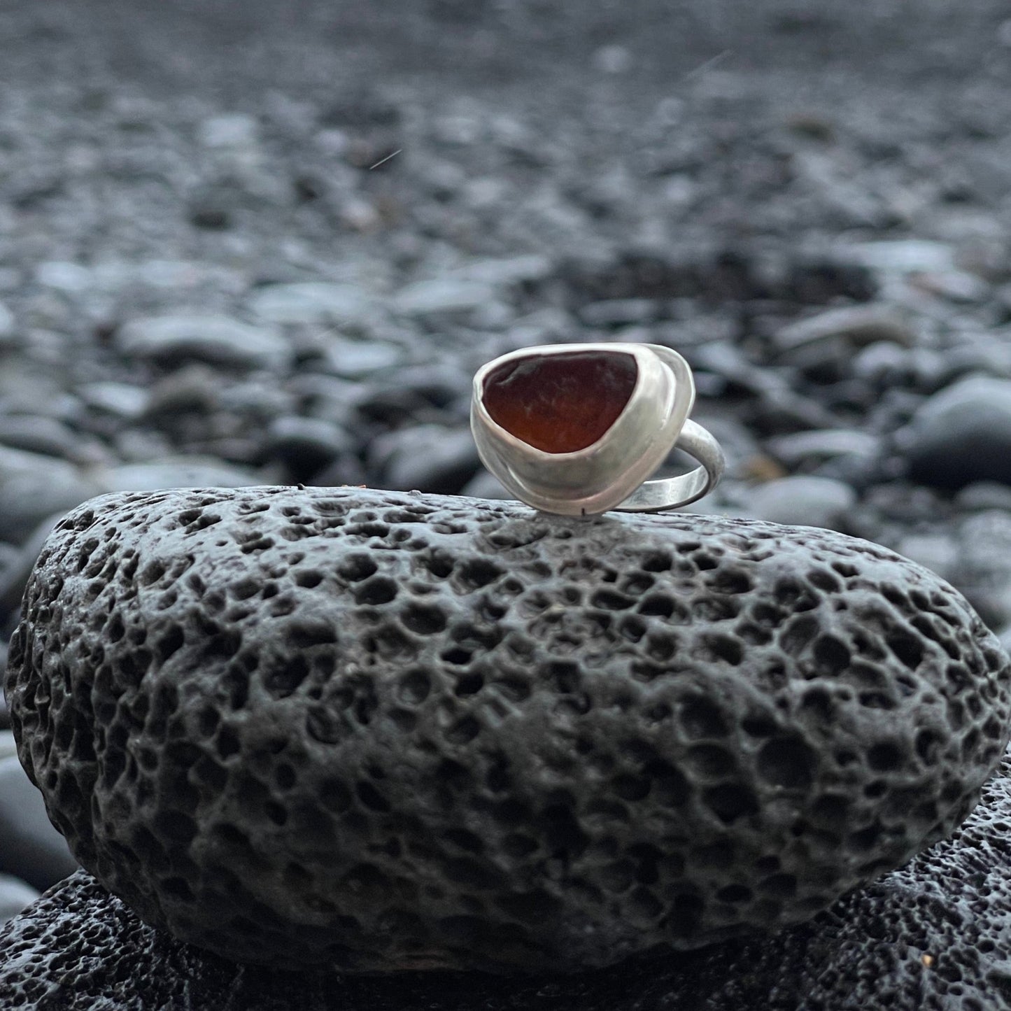 Chunky Dark Amber Sea Glass Ring - Size 8.5