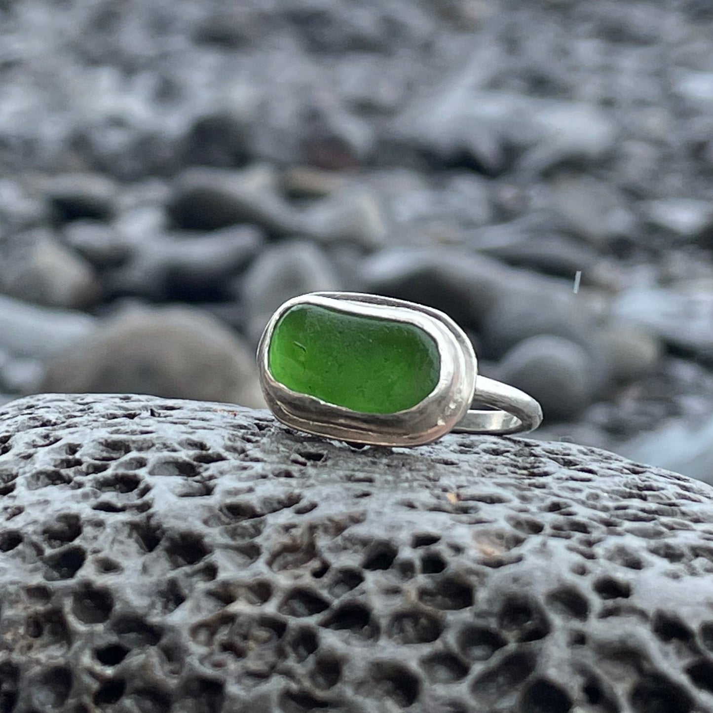 Emerald Green Oval Sea Glass Ring - Size 8.25-8.5