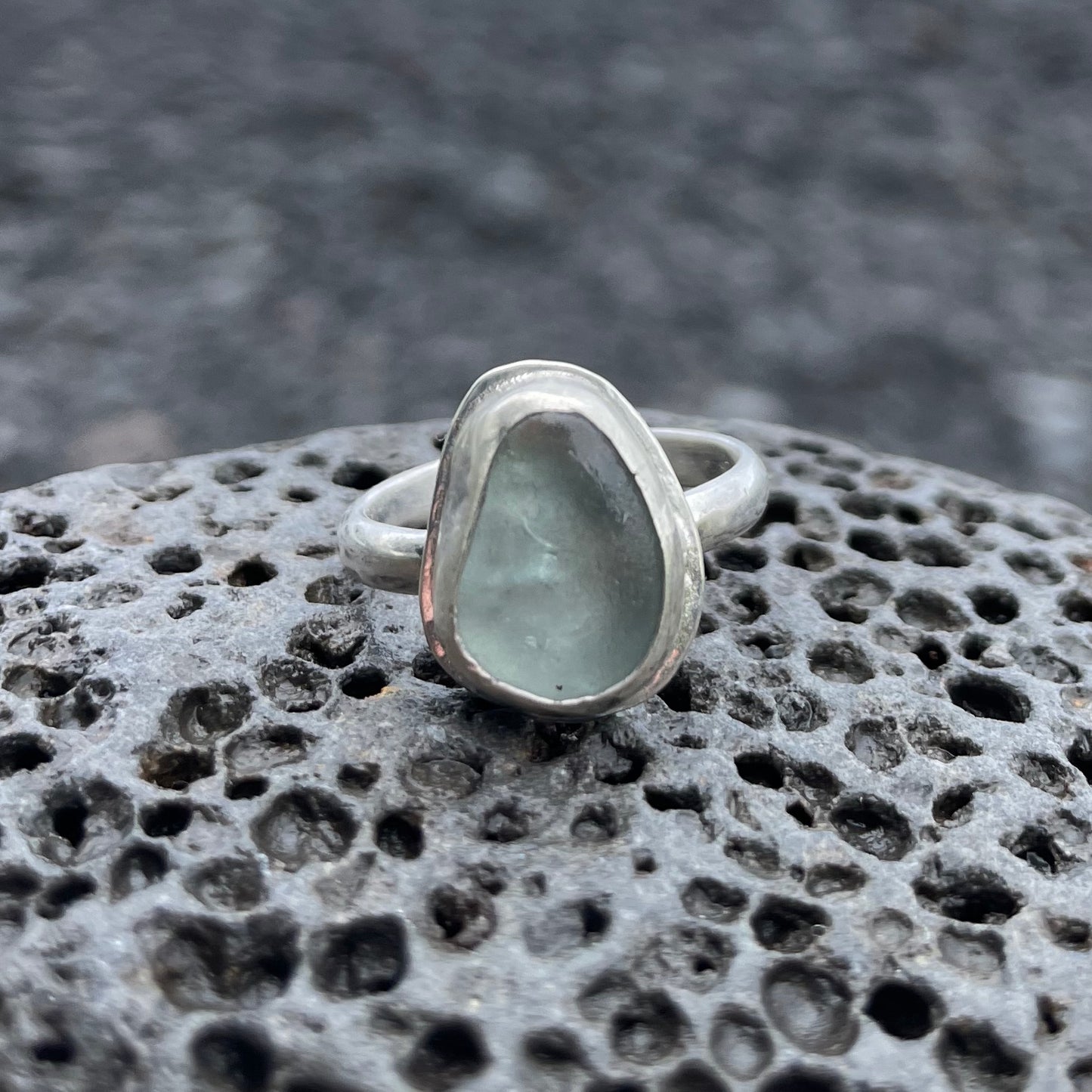 Frosty Sea Foam  Blue Sea Glass Ring - Size 6.75