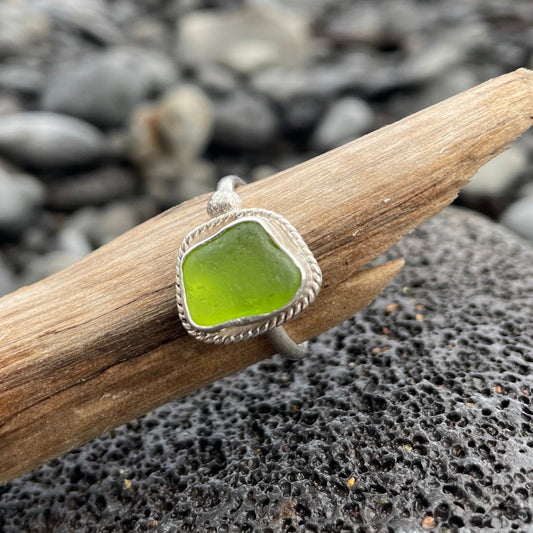 Lime Green Sea Glass Ring - Size 8.75