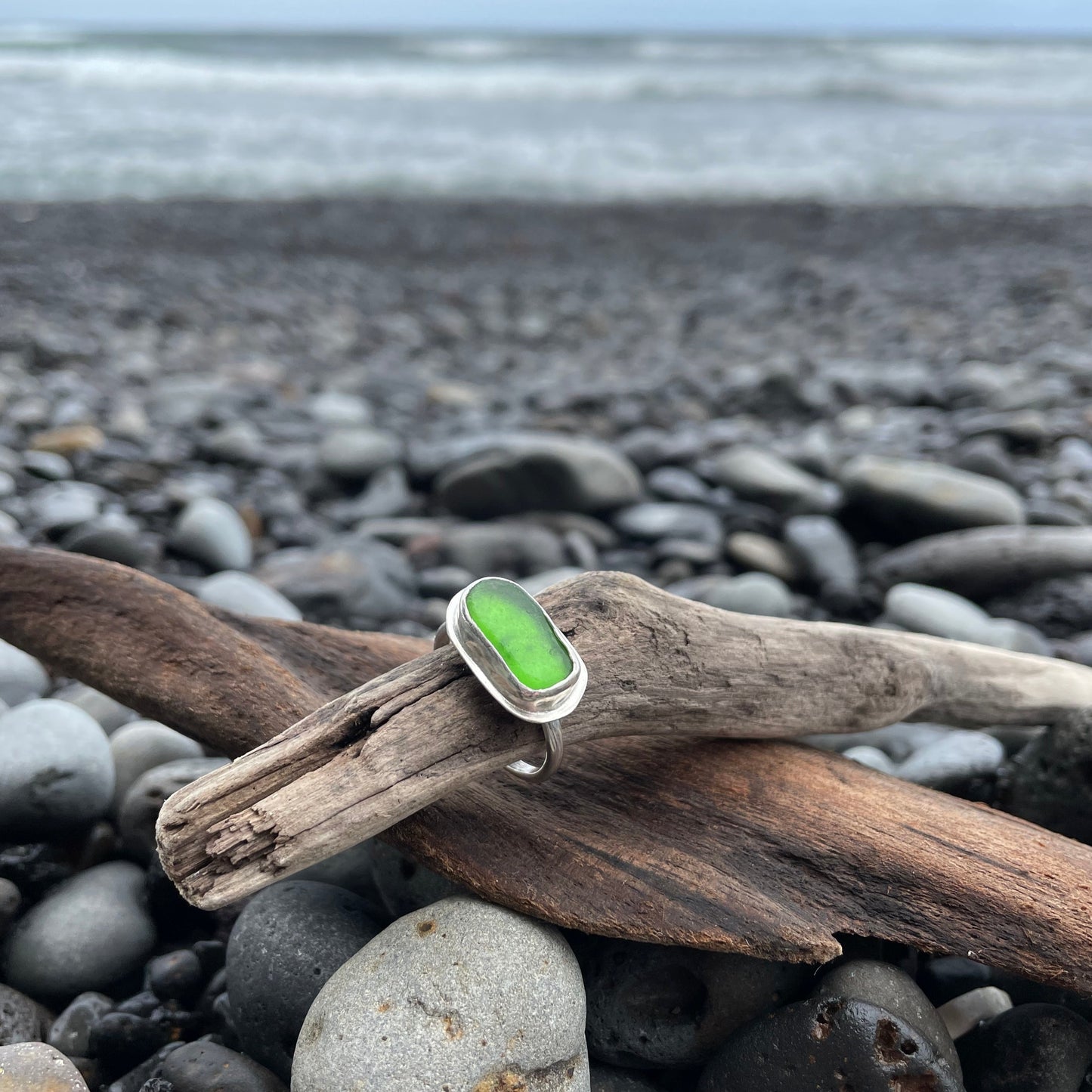 Emerald Green Oval Sea Glass Ring - Size 8.25-8.5