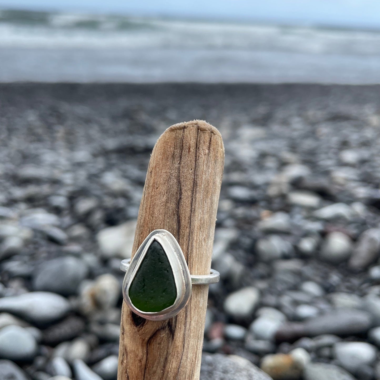 Deep Green Sea Glass Ring - Size 8.75