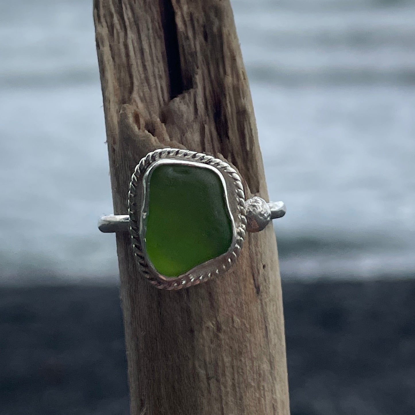 Lime Green Sea Glass Ring - Size 8.75