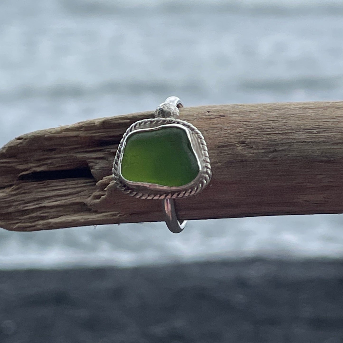 Lime Green Sea Glass Ring - Size 8.75