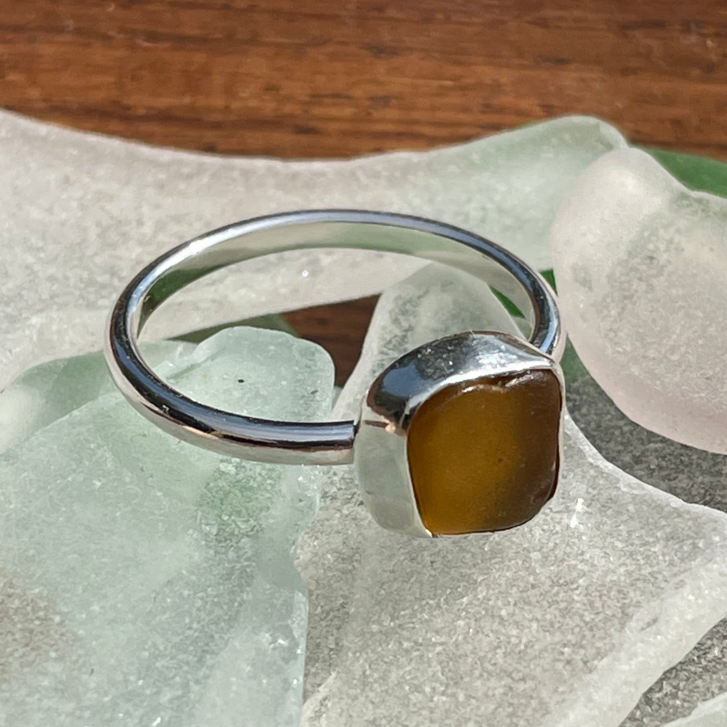 Toasty Amber Sea Glass Ring - Size 8.5