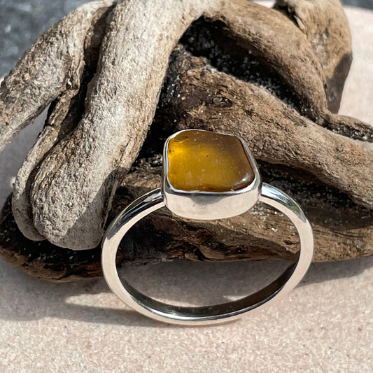 Toasty Amber Sea Glass Ring - Size 8.5