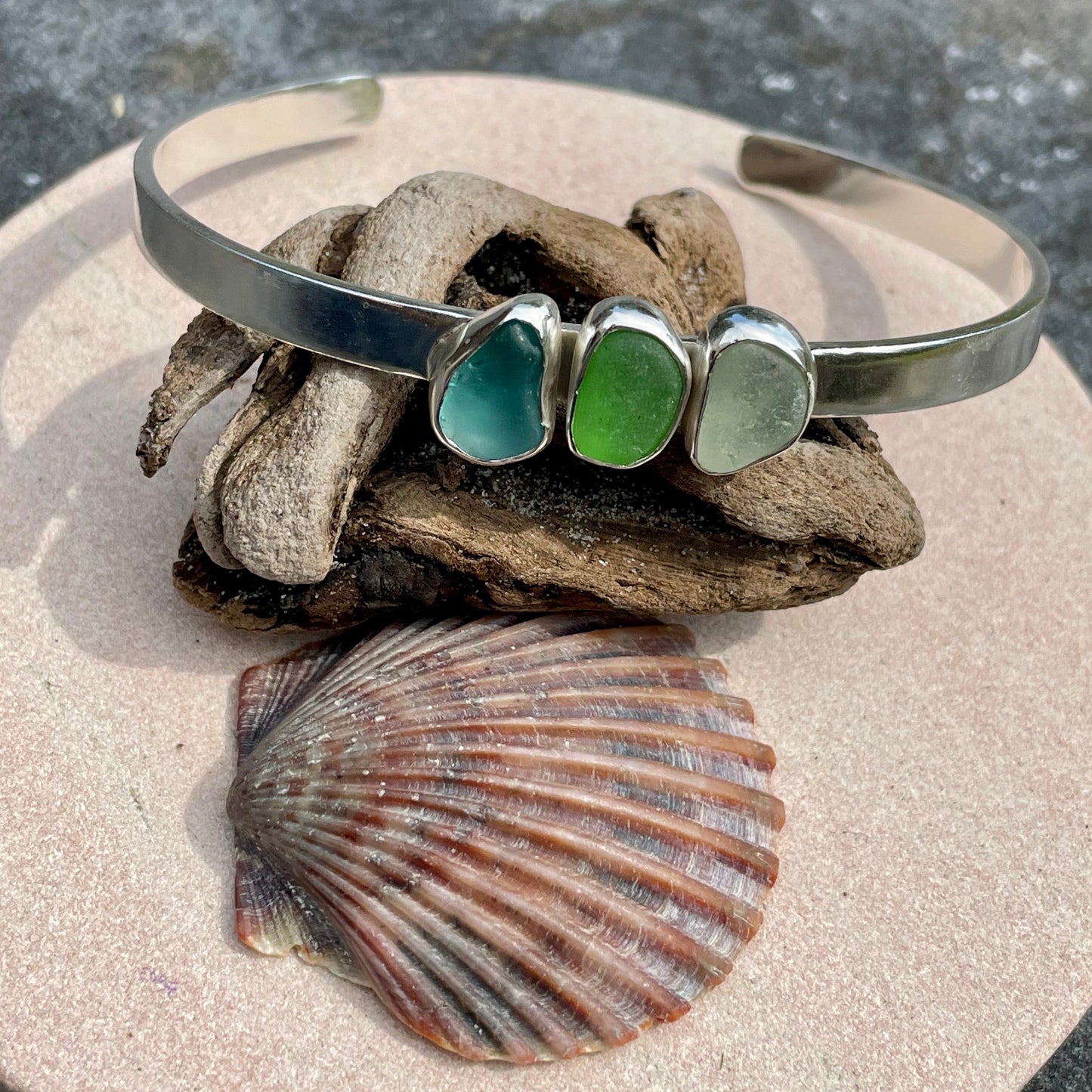 Tri Colored Sea Glass Cuff Bracelet